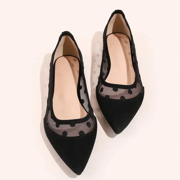 Black Polka Dot Mesh Pointed Toe Flats - Picture 3 of 4